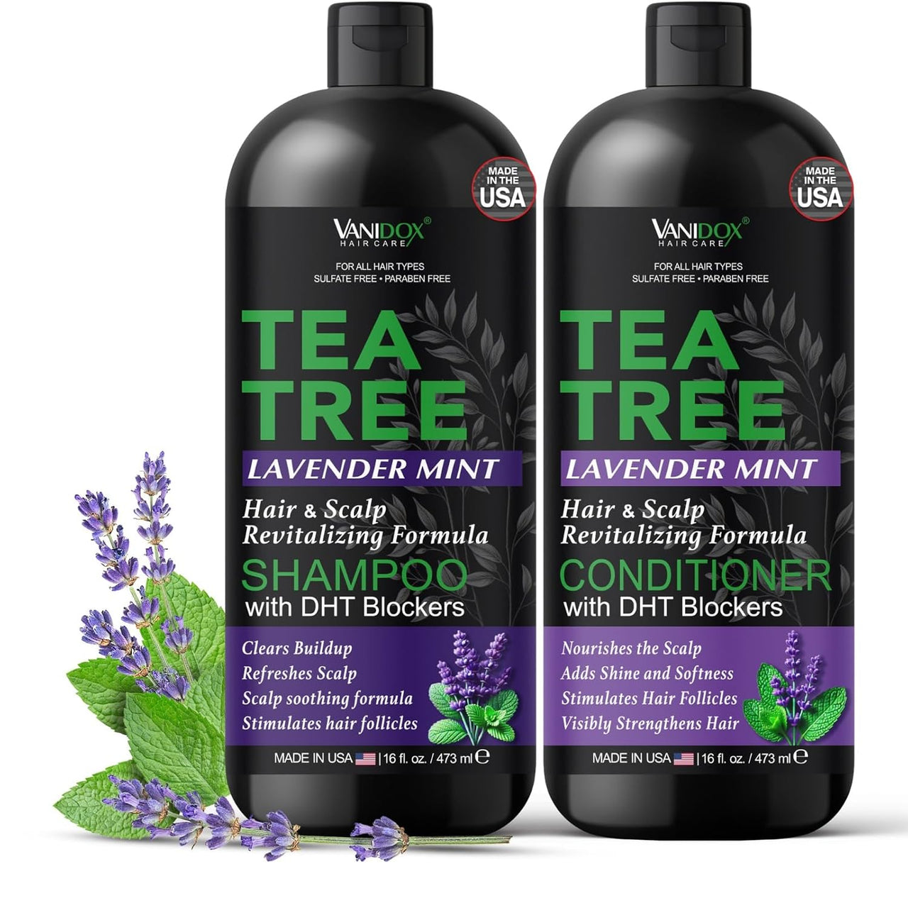 tea tree mint lavender VANIDOX Tea Tree Lavender Mint Shampoo and Conditioner Set with 100 Pure Tea Tree Oil for Itchy Dry Scalp Deep Moisturizing