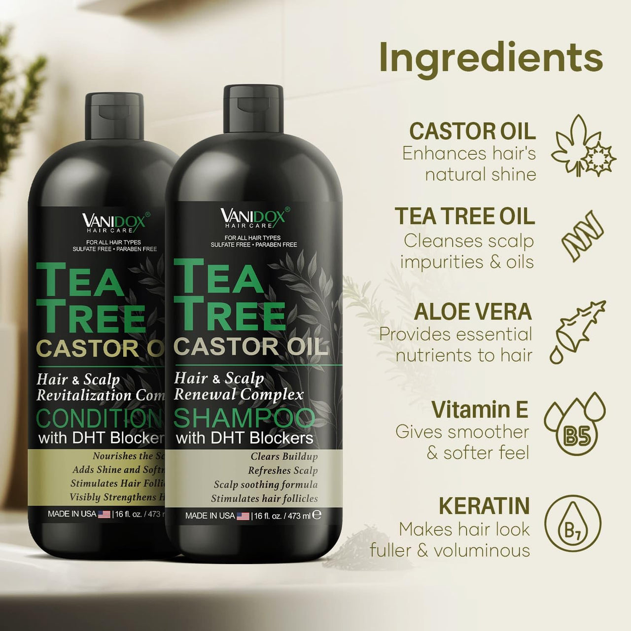 Tea Tree Shampoo & Conditioner Set, Castor Oil, 16oz Each, Sulfate-Free