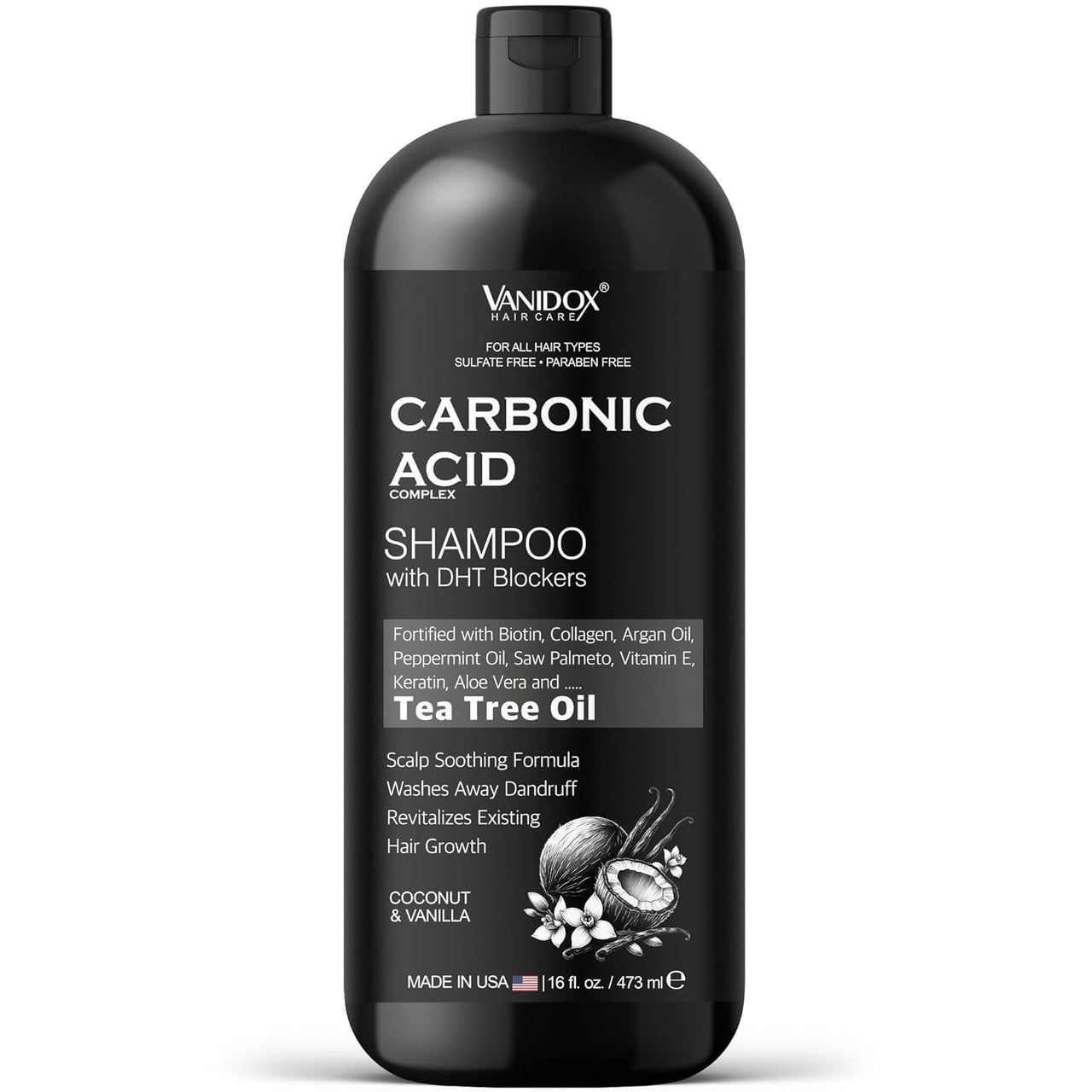 Carbonic Acid Shampoo, DHT Blocker, Hair Growth, Biotin & Tea Tree, 16oz, USA Made