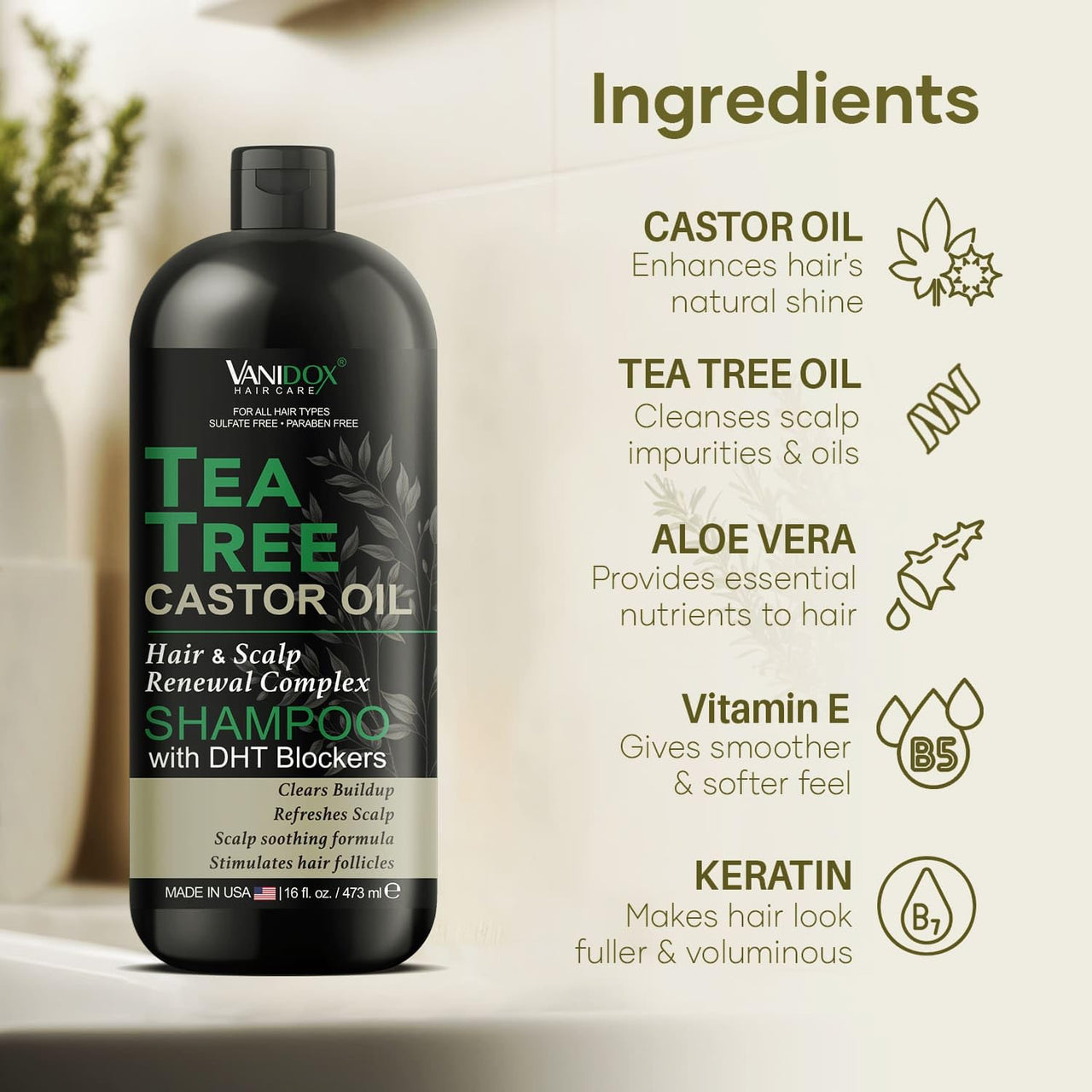 Tea Tree Shampoo with Castor Oil, 16oz, Itchy Scalp Relief, Sulfate-Free