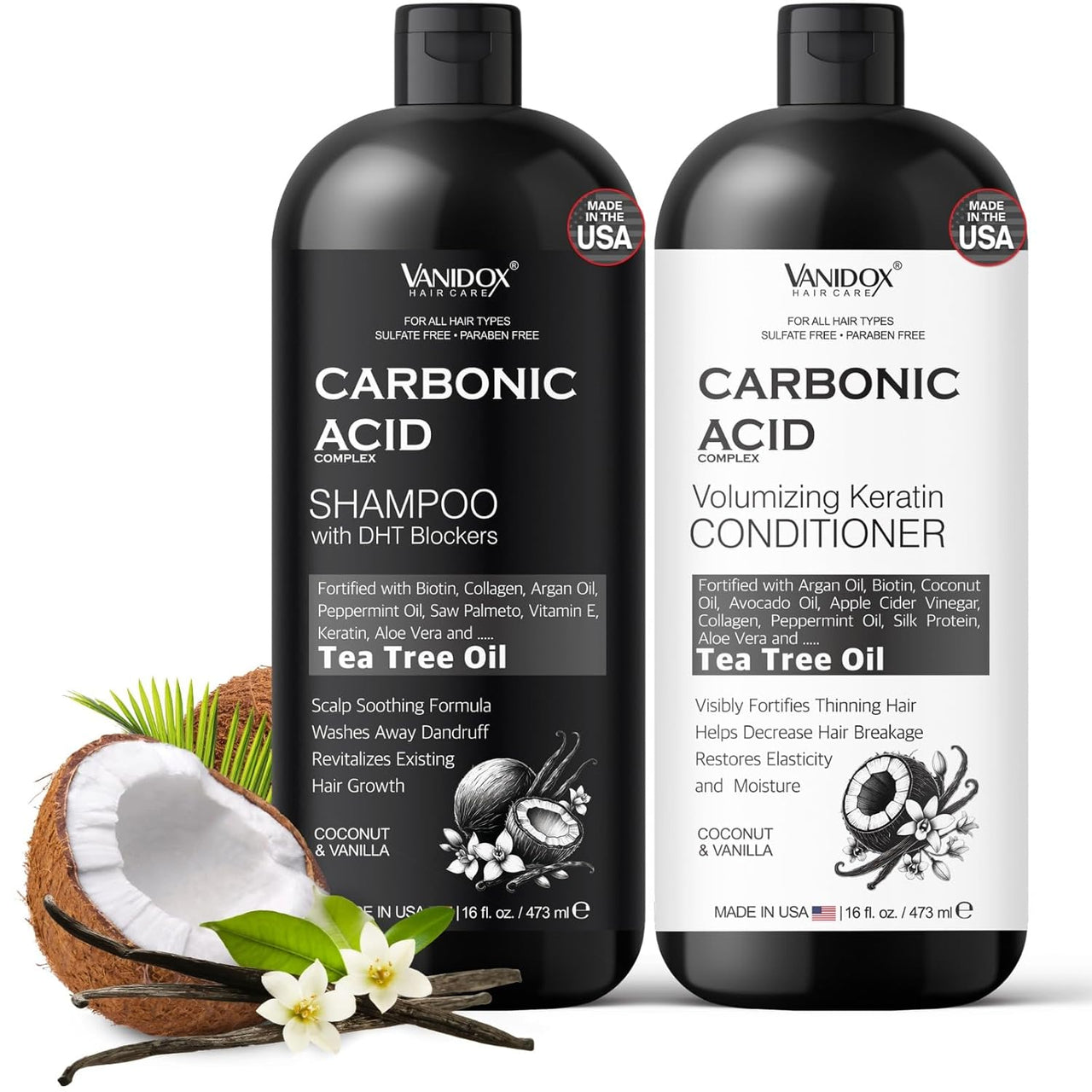 Carbonic Acid Shampoo & Conditioner, 16oz Set, Coconut & Vanilla, Hair Growth