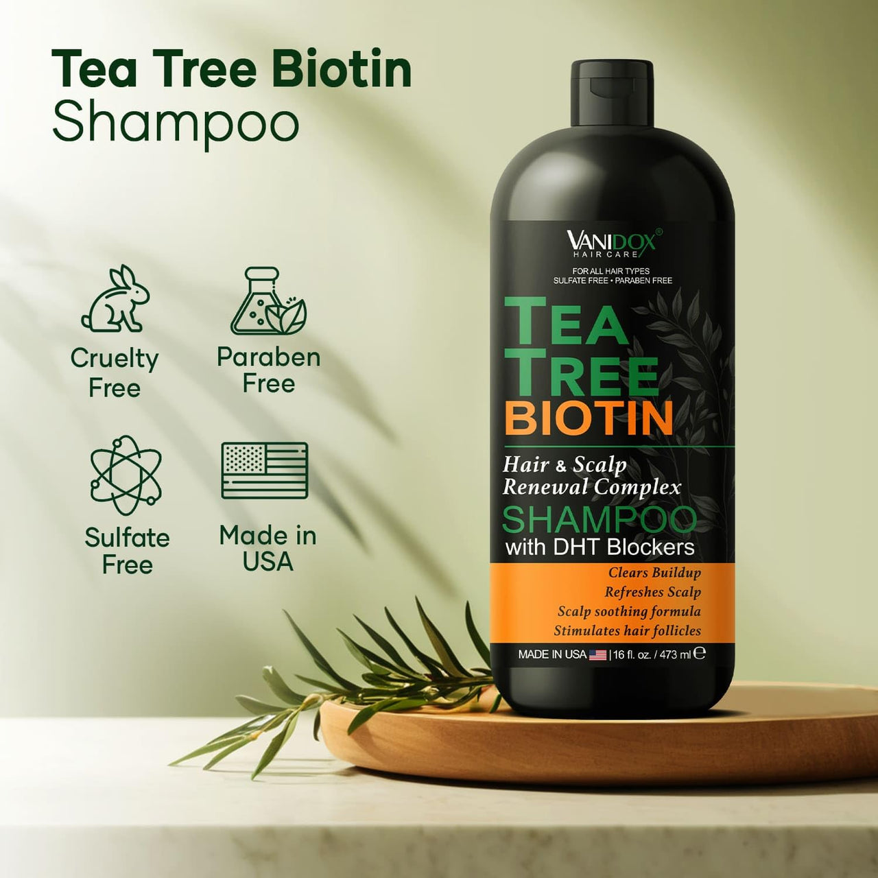 Tea Tree Shampoo with Biotin, 16oz, Itchy Scalp Relief, Sulfate-Free