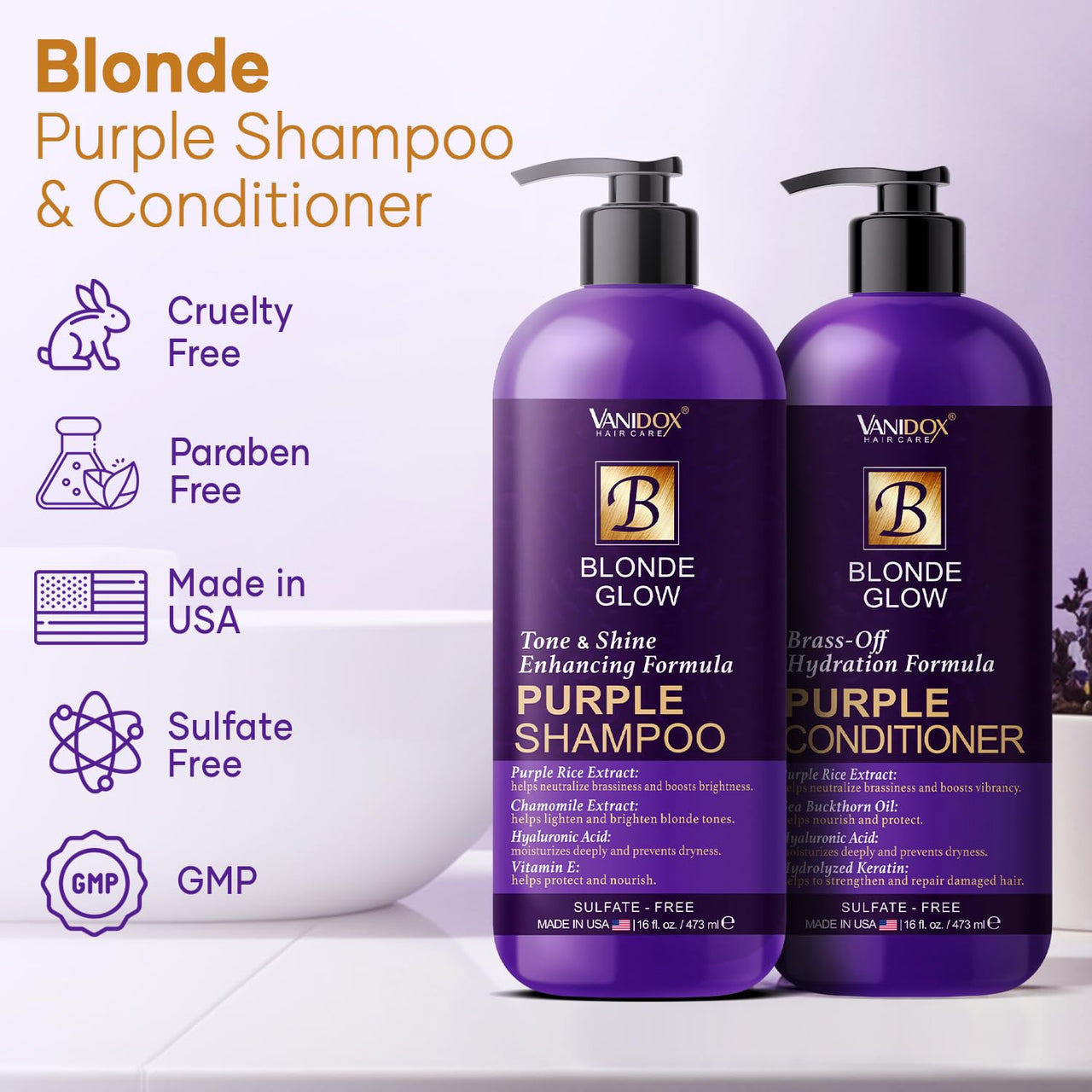 Sulfate-Free Purple Shampoo & Conditioner Set for Blondes, 16oz Each