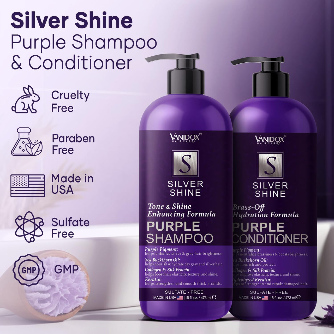 Sulfate-Free Purple Shampoo & Conditioner for Gray/Silver Hair, 16oz Each