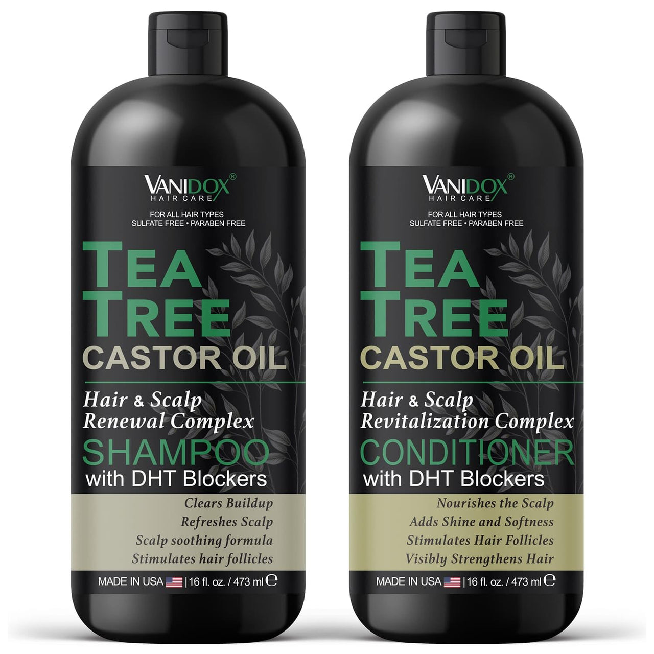 Tea Tree Shampoo & Conditioner Set, Castor Oil, 16oz Each, Sulfate-Free