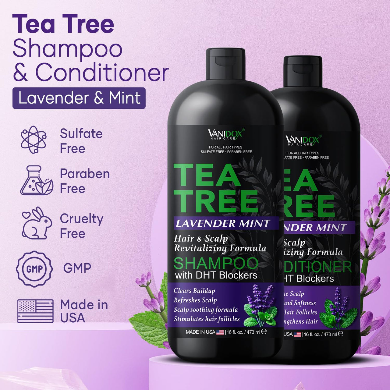 Tea Tree Lavender Mint Shampoo & Conditioner, 16oz, Moisturizing, USA Made