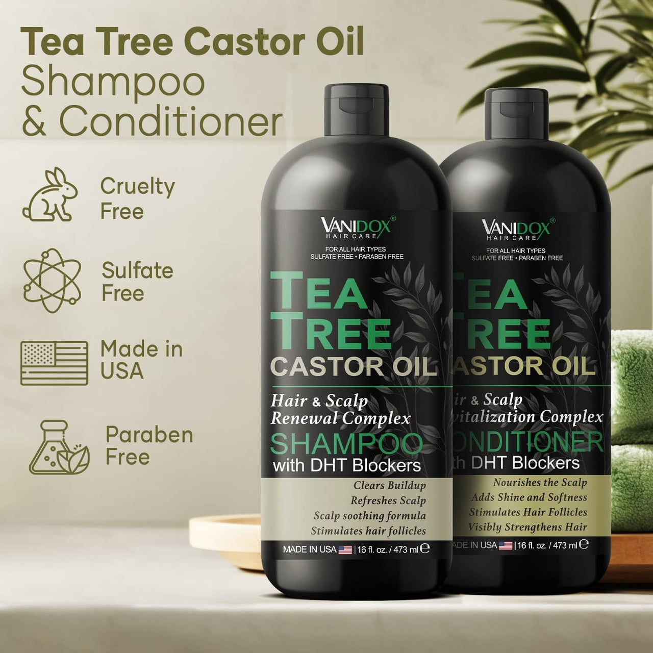 Tea Tree Shampoo & Conditioner Set, Castor Oil, 16oz Each, Sulfate-Free