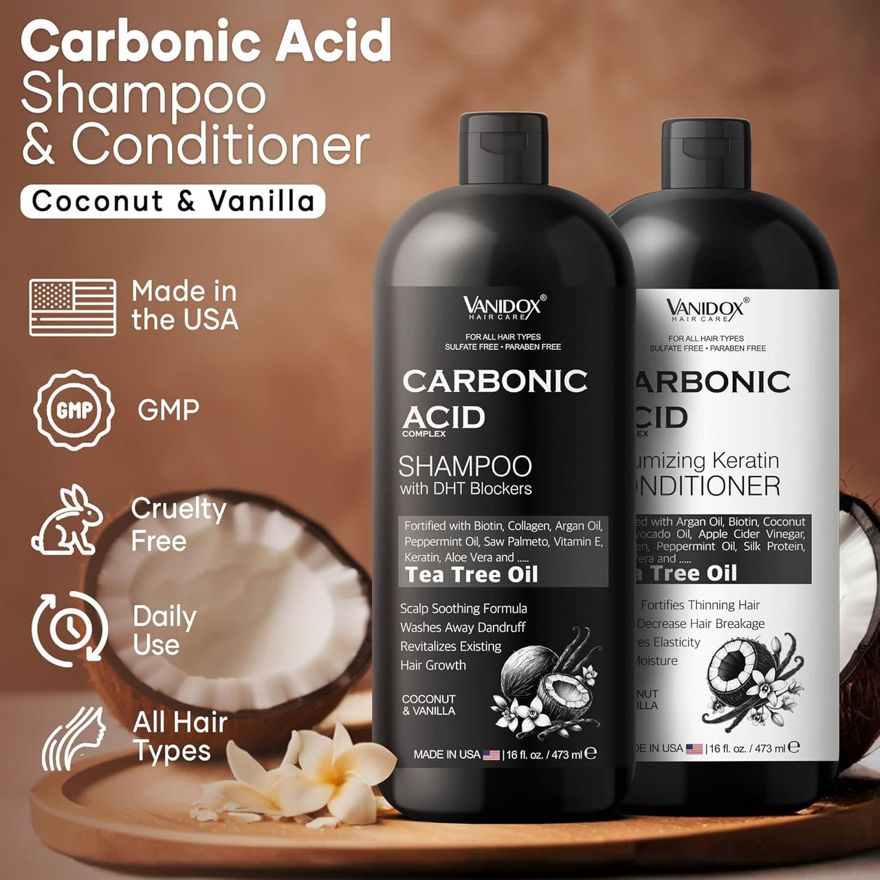 Carbonic Acid Shampoo & Conditioner, 16oz Set, Coconut & Vanilla, Hair Growth