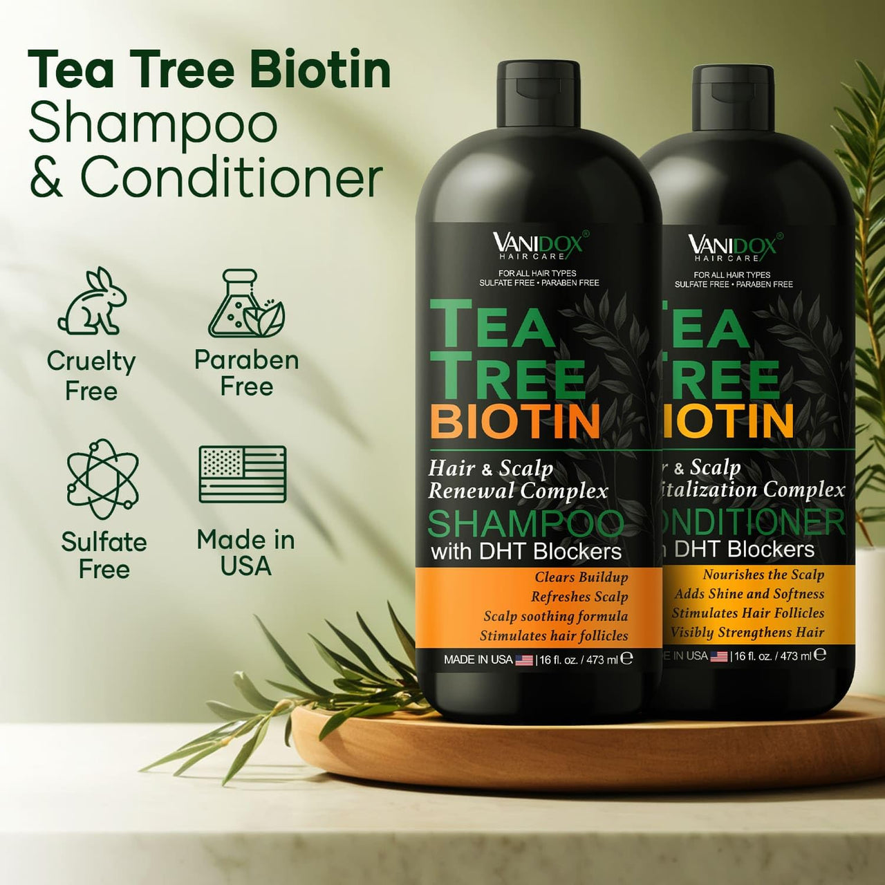 Tea Tree Shampoo & Conditioner Set, Biotin, 16oz Each, Sulfate-Free