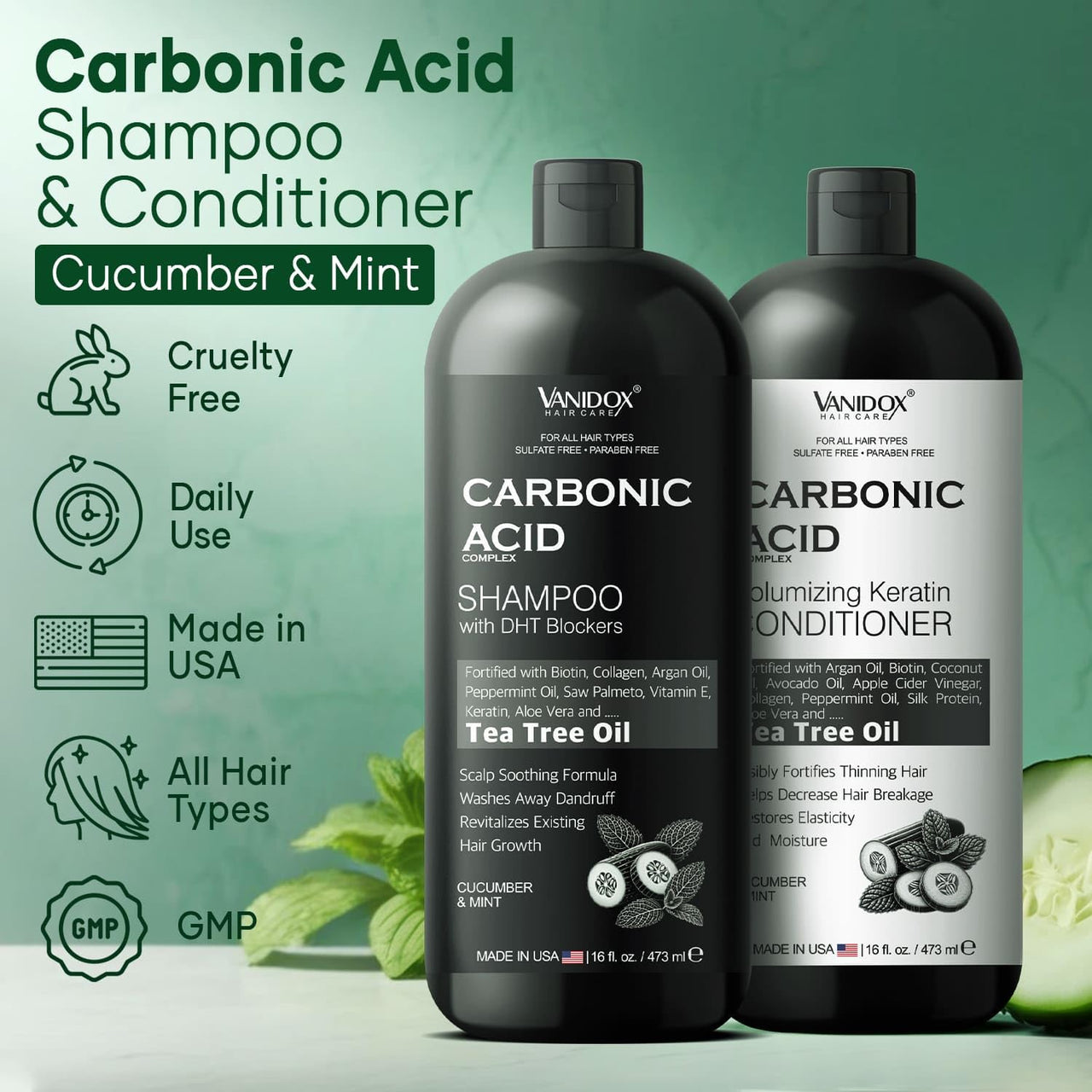 Carbonic Acid Shampoo & Conditioner, Hair Growth, 16oz, Cucumber Mint Scent