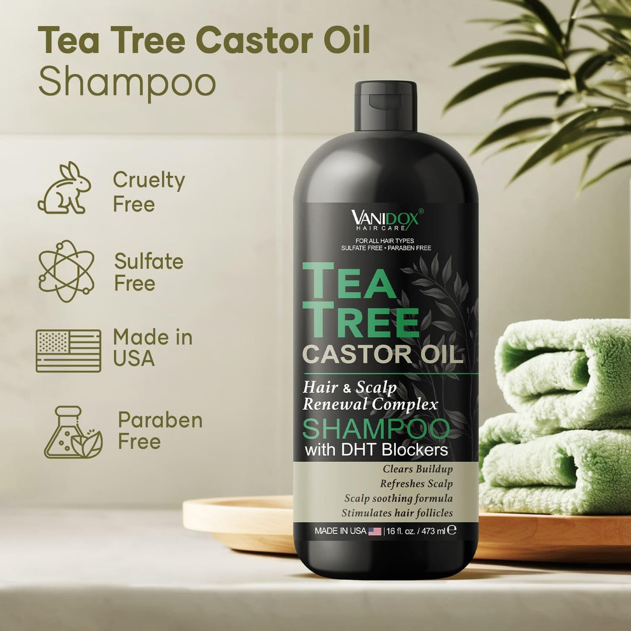 Tea Tree Shampoo with Castor Oil, 16oz, Itchy Scalp Relief, Sulfate-Free