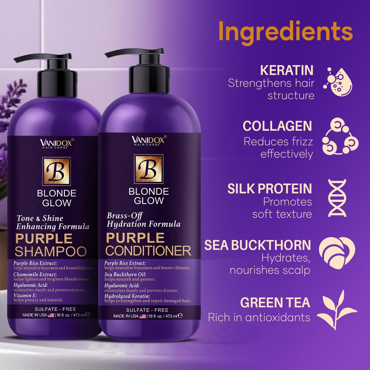 Sulfate-Free Purple Shampoo & Conditioner Set for Blondes, 16oz Each