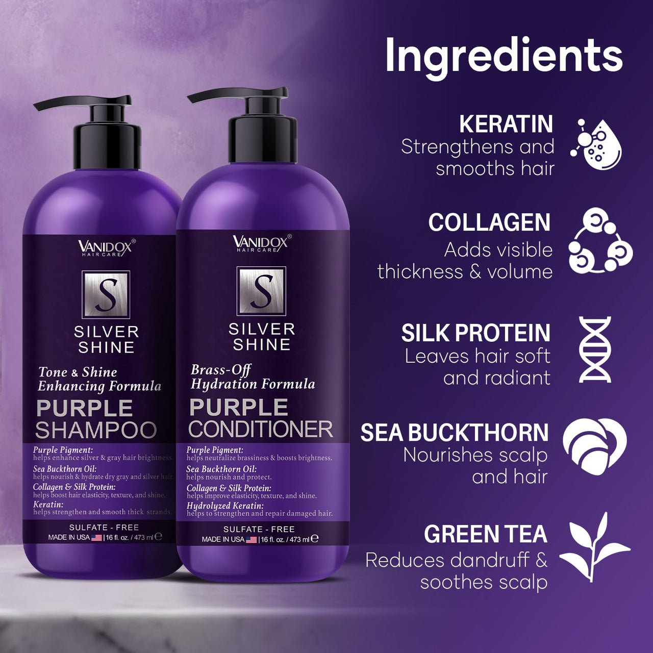 Sulfate-Free Purple Shampoo & Conditioner for Gray/Silver Hair, 16oz Each