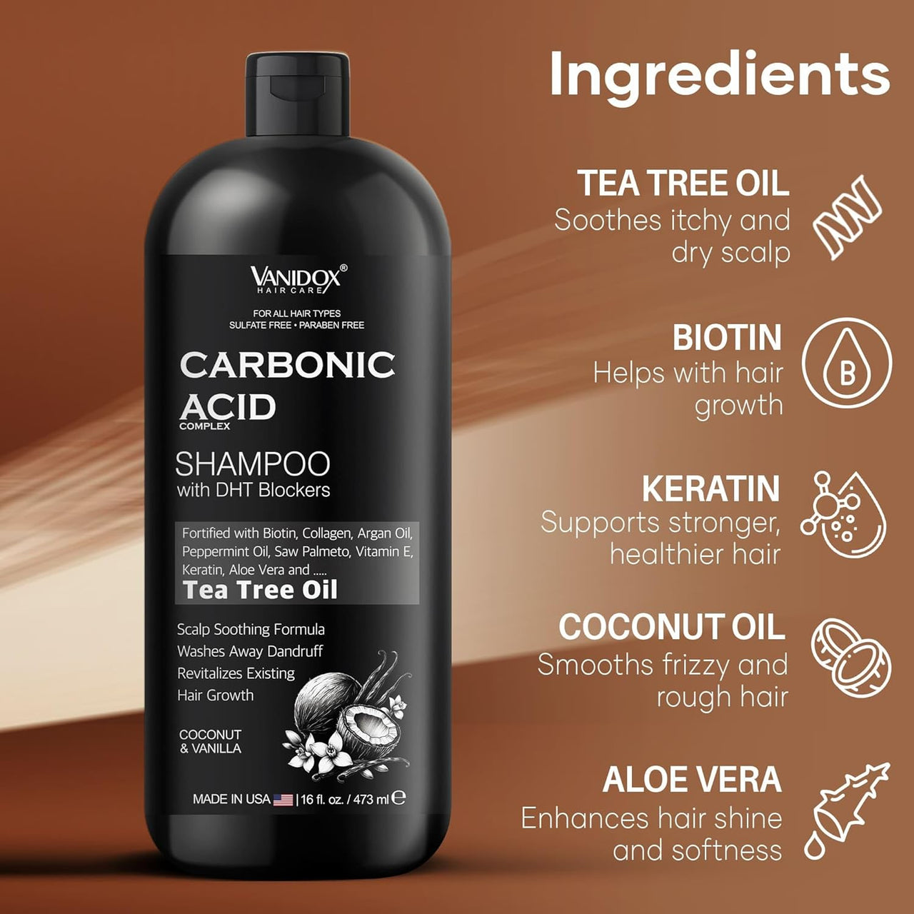 Carbonic Acid Shampoo, DHT Blocker, Hair Growth, Biotin & Tea Tree, 16oz, USA Made