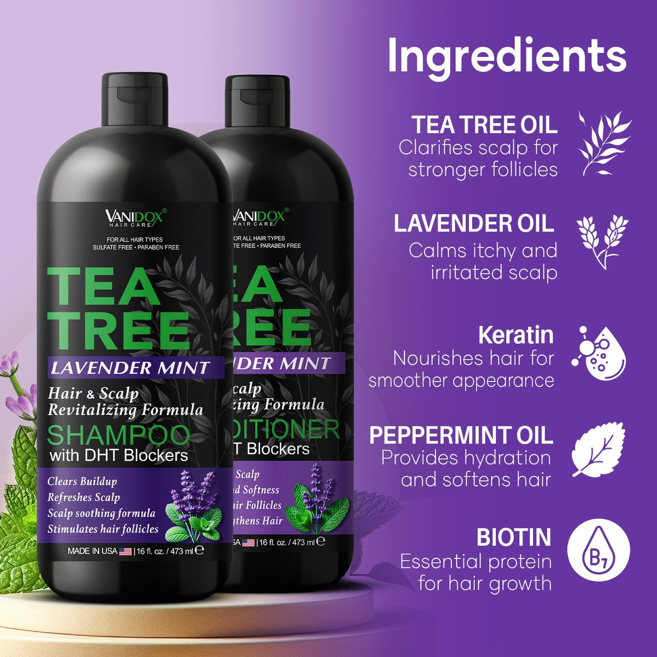 Tea Tree Lavender Mint Shampoo & Conditioner, 16oz, Moisturizing, USA Made