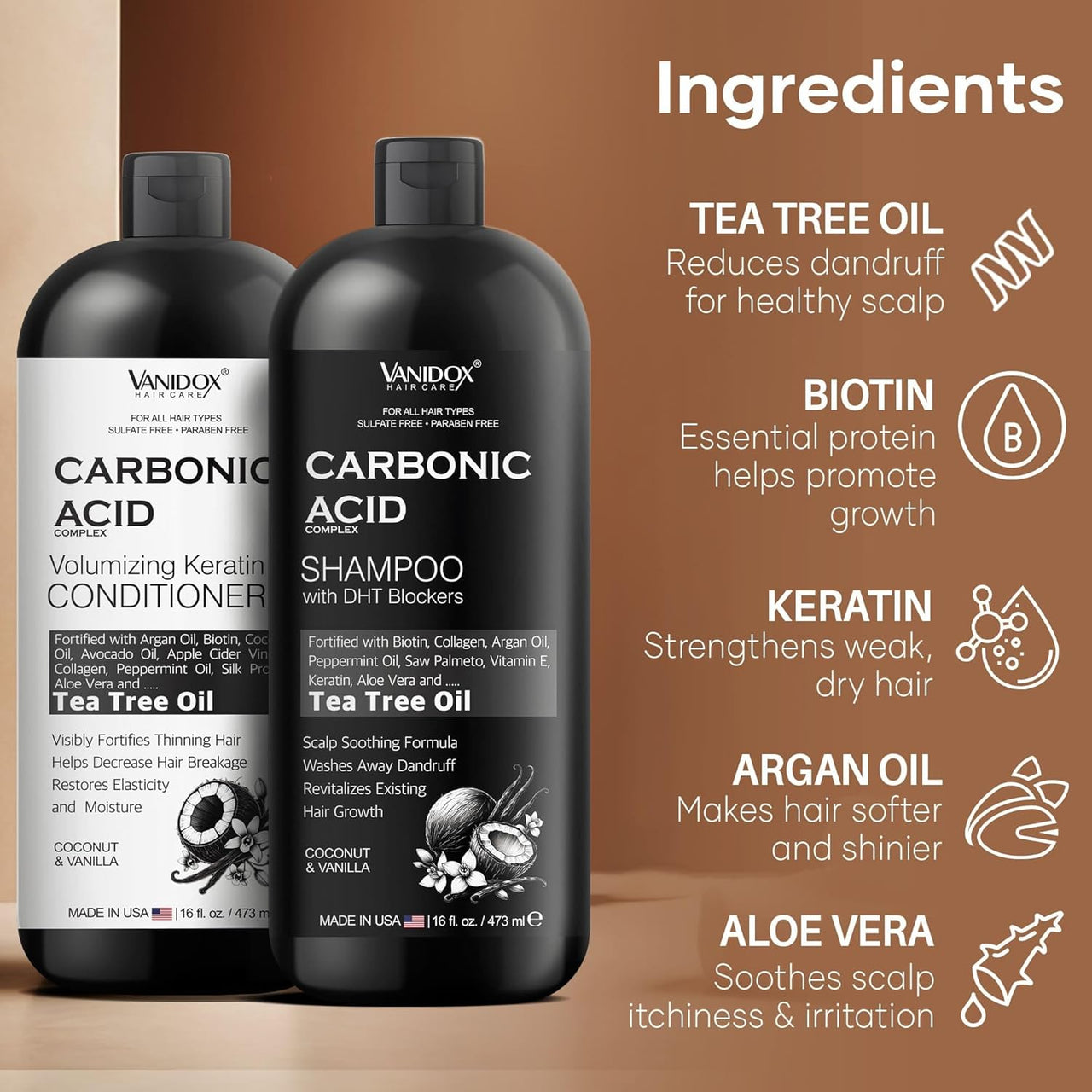 Carbonic Acid Shampoo & Conditioner, 16oz Set, Coconut & Vanilla, Hair Growth