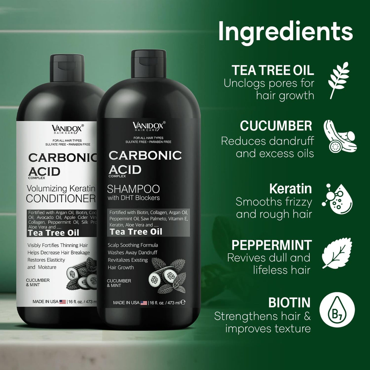 Carbonic Acid Shampoo & Conditioner, Hair Growth, 16oz, Cucumber Mint Scent